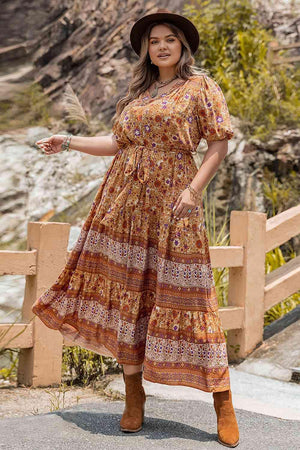 Printed Tie Waist Plus Size Puff Sleeve Dress - MXSTUDIO.COM