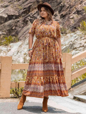 Printed Tie Waist Plus Size Puff Sleeve Dress - MXSTUDIO.COM