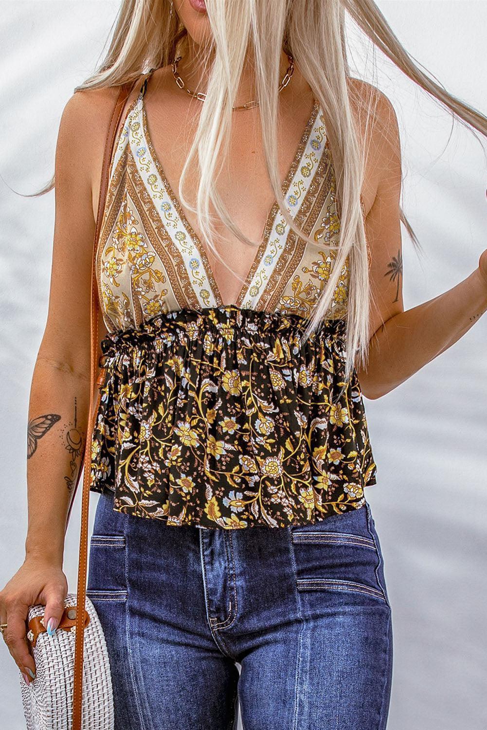 Provocative Floral Plunge Peplum Tank Top - MXSTUDIO.COM