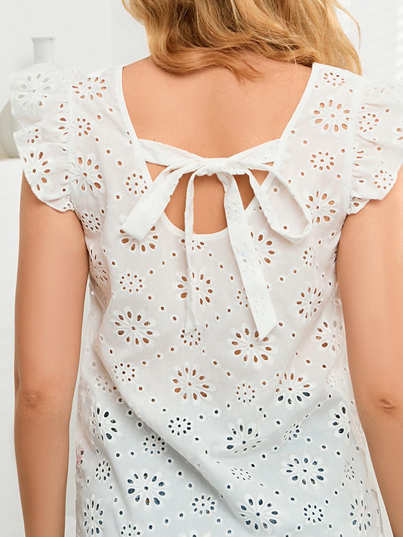 Pure And Simple Tie Back V-Neck Eyelet Tank Top - MXSTUDIO.COM