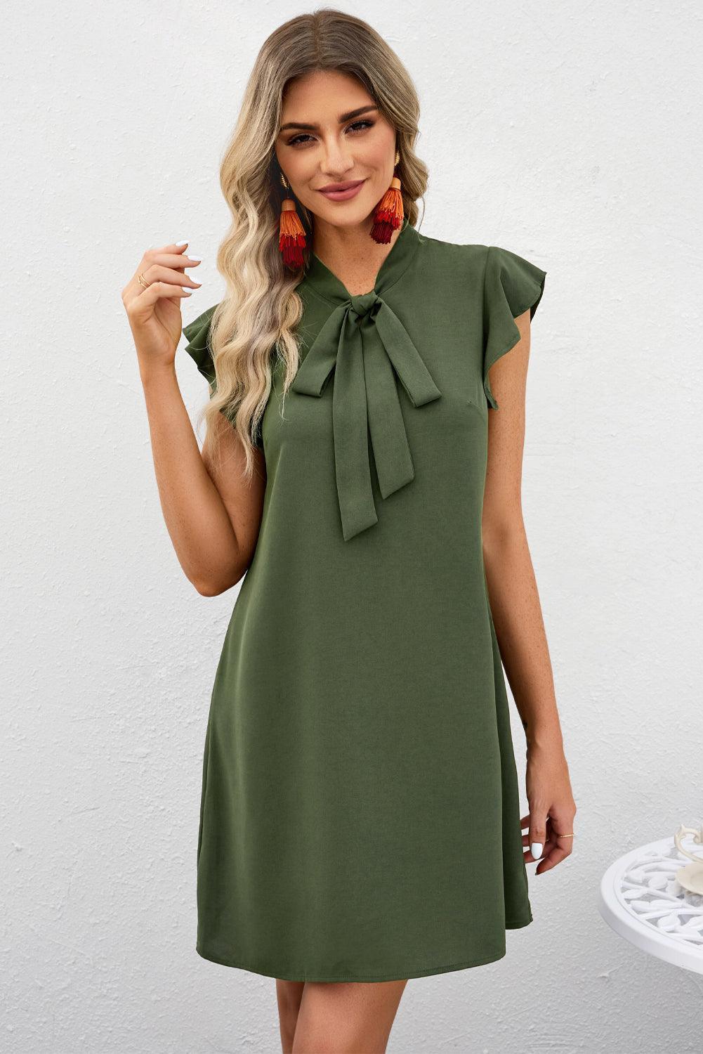 Pure Soul Tie Neck Flutter Sleeve Shift Mini Dress - MXSTUDIO.COM