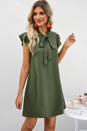 Pure Soul Tie Neck Flutter Sleeve Shift Mini Dress - MXSTUDIO.COM