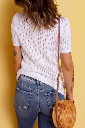 Pure White Openwork Ribbed Blouse - MXSTUDIO.COM