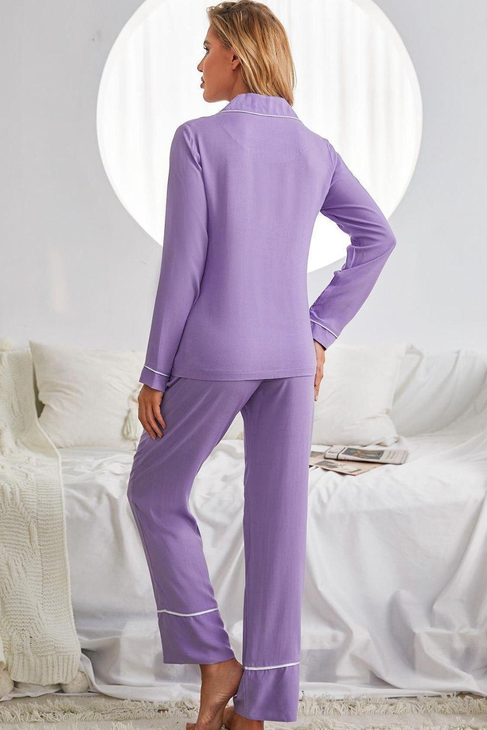 Purple Two Piece Pajama With White Piping - MXSTUDIO.COM