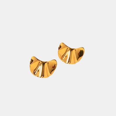 a pair of gold earrings on a white background