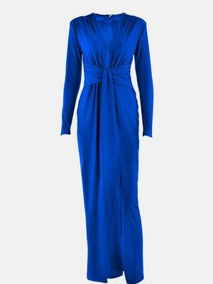 a blue dress with a knot on the front