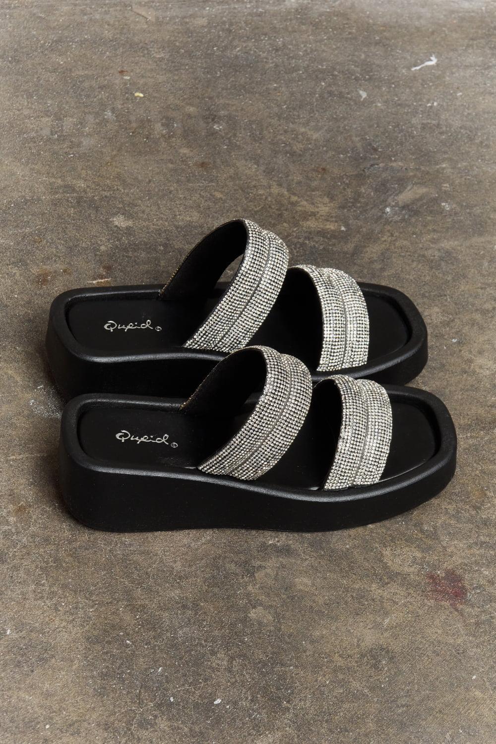 Qupid Bright Intellect Black Rhinestone Sandals - MXSTUDIO.COM