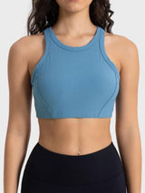 a woman wearing a blue sports bra top