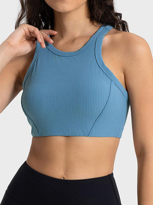 a woman wearing a blue sports bra top