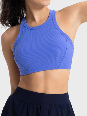 a woman wearing a blue sports bra top