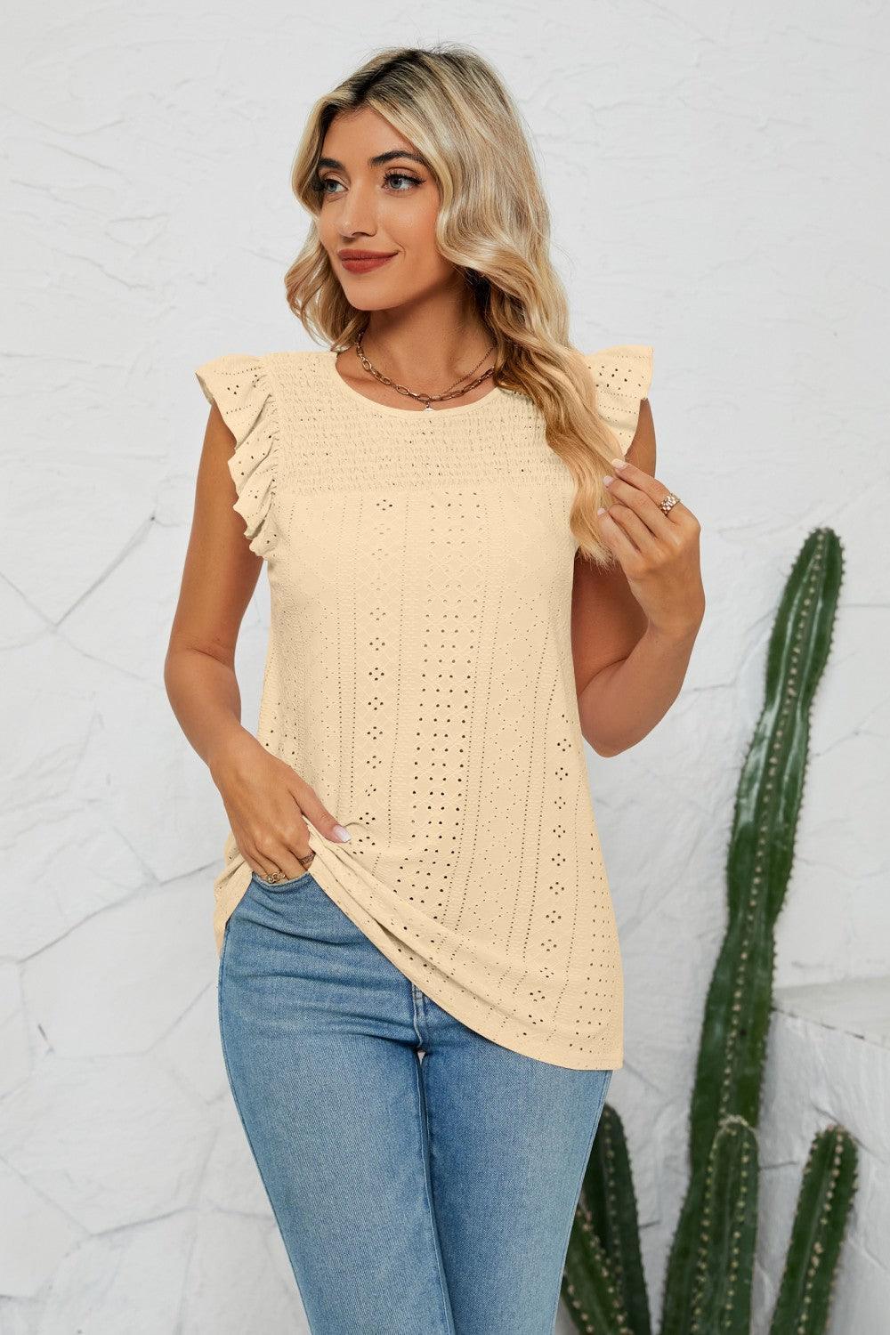 Radiant Aura Cap Sleeves Eyelet Top - MXSTUDIO.COM