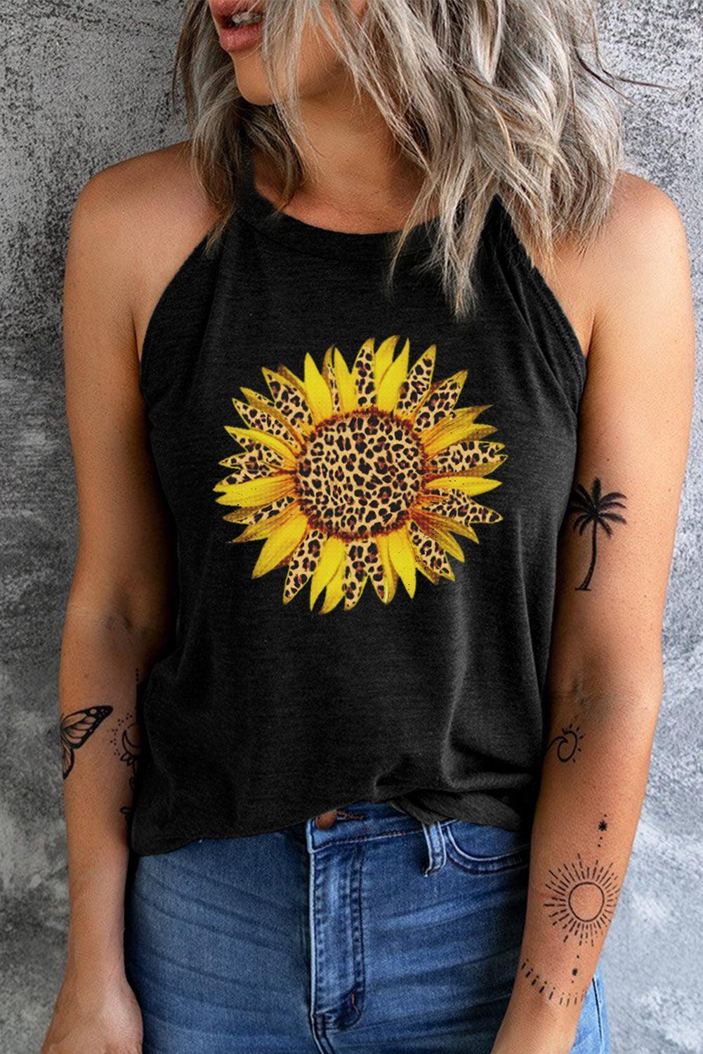 Radiant Bloom Black Graphic Sunflower Tank Top - MXSTUDIO.COM