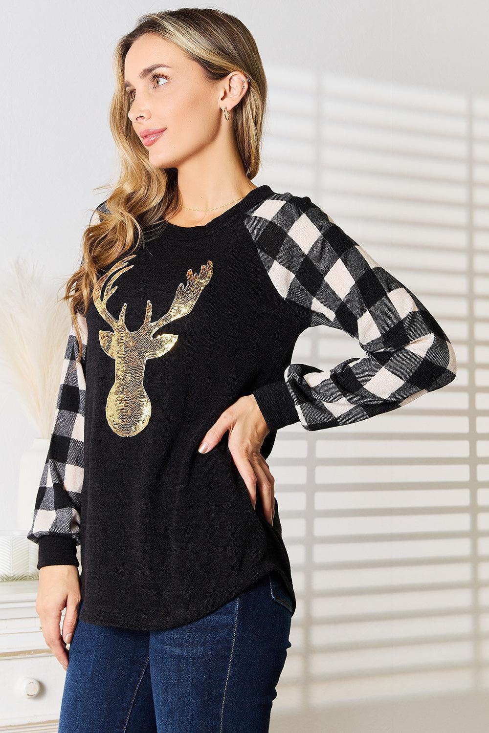 Radiant Sequin Reindeer Graphic Plus Size Plaid Top - MXSTUDIO.COM