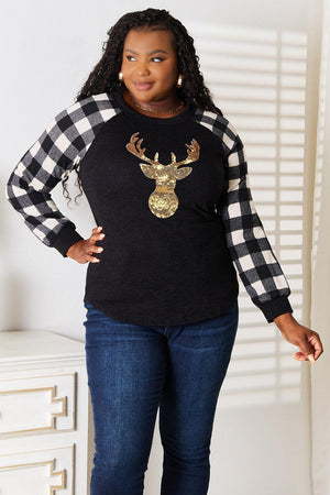 Radiant Sequin Reindeer Graphic Plus Size Plaid Top - MXSTUDIO.COM