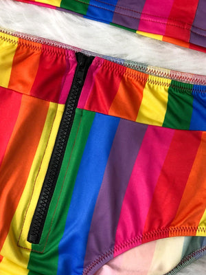 a multicolored swimsuit with zippers on the side