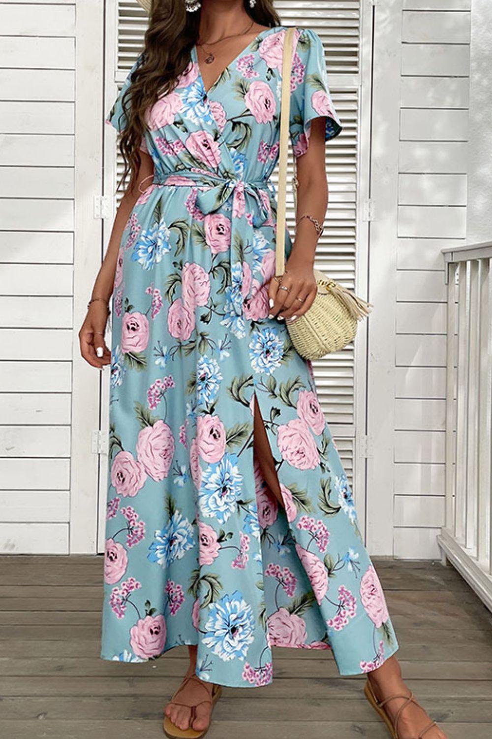 Ravishing Floral Surplice Slit Maxi Dress - MXSTUDIO.COM