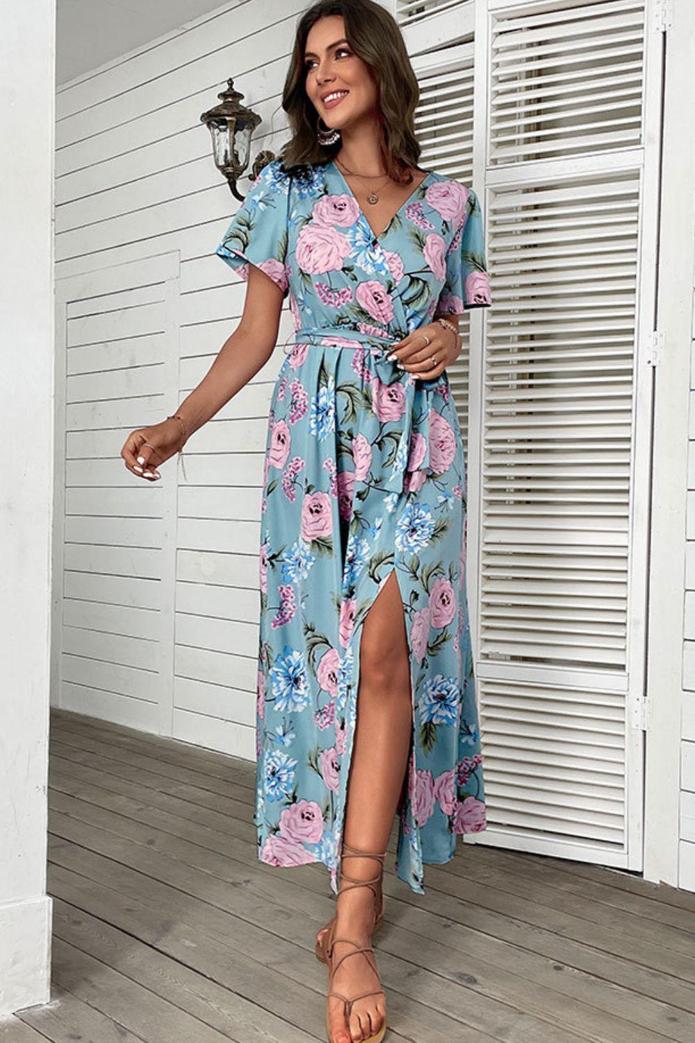 Ravishing Floral Surplice Slit Maxi Dress - MXSTUDIO.COM