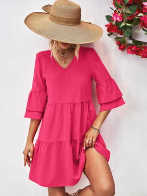 Ravishing Tiered Flare Sleeve Mini Dress - MXSTUDIO.COM