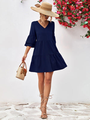 Ravishing Tiered Flare Sleeve Mini Dress - MXSTUDIO.COM