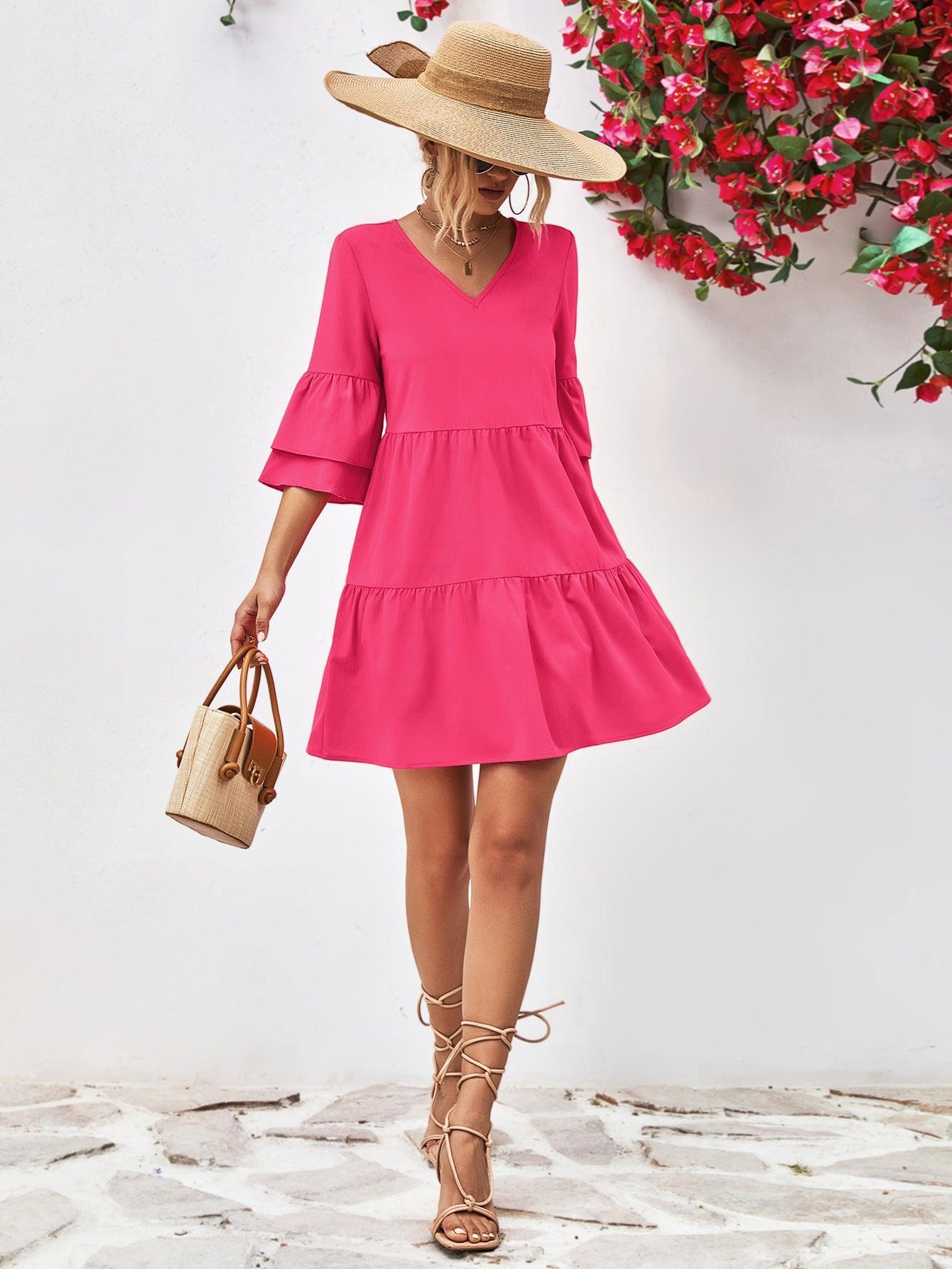 Ravishing Tiered Flare Sleeve Mini Dress - MXSTUDIO.COM