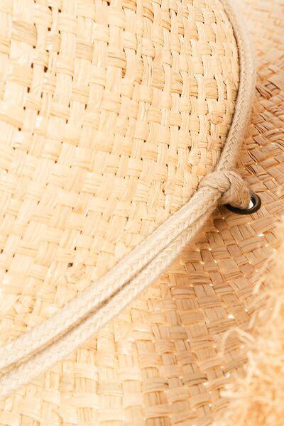 a close up of a straw hat with a rope