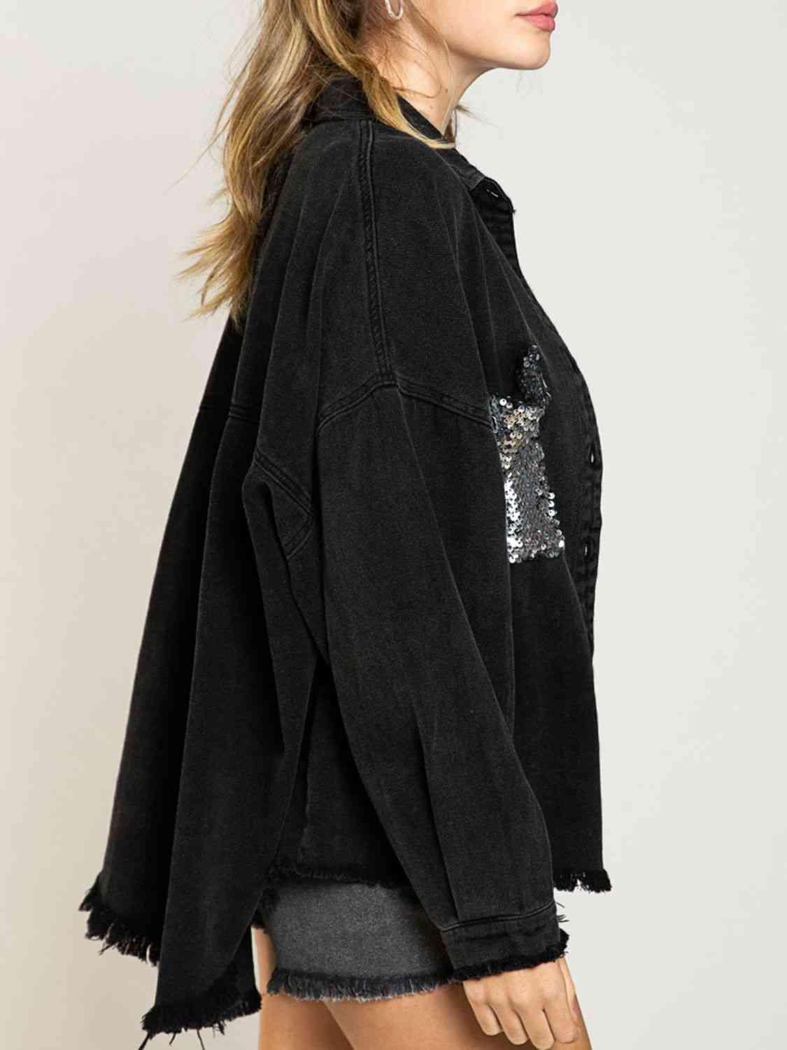 Raw Hem Black Sequin Denim Jacket - MXSTUDIO.COM