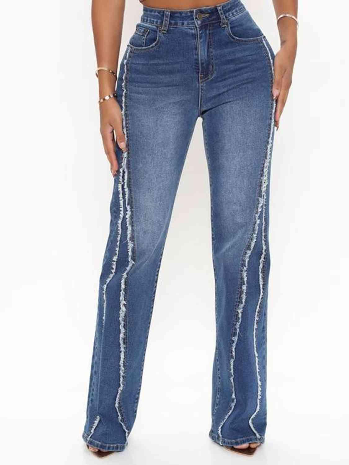 Raw Hem Detail Medium Wash Bootcut Jeans - MXSTUDIO.COM