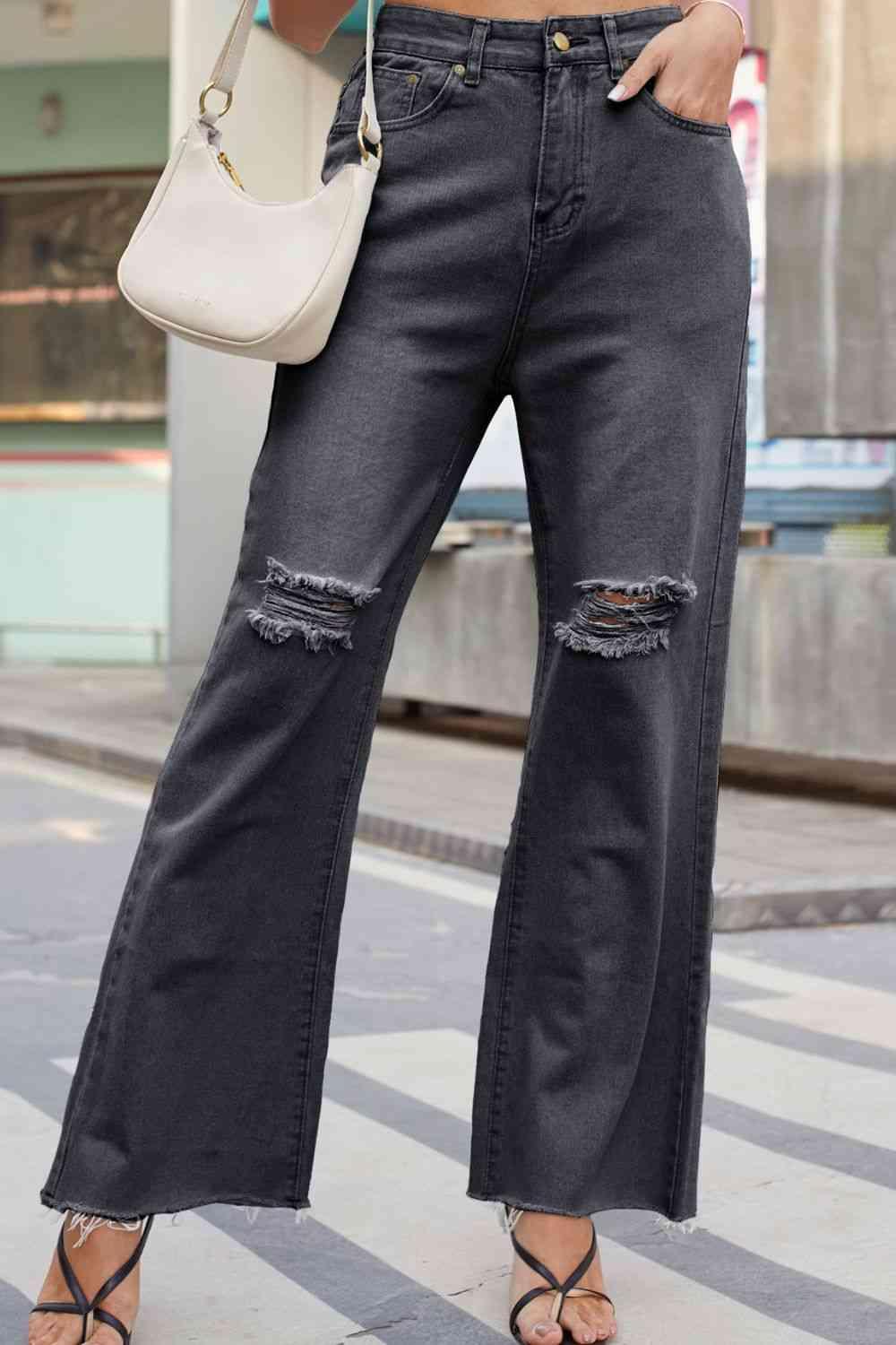 Raw Hem High Waist Distressed Wide Leg Jeans - MXSTUDIO.COM