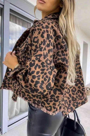 Raw Hem Leopard Print Denim Jacket - MXSTUDIO.COM