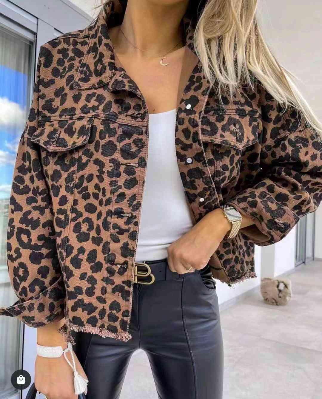 Raw Hem Leopard Print Denim Jacket - MXSTUDIO.COM