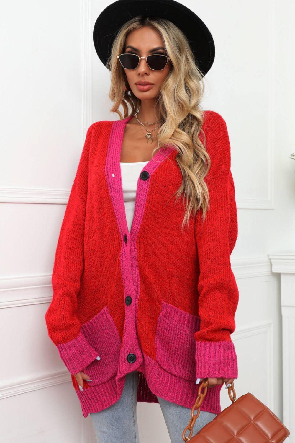 Red Contrast Pink Long Sleeve Button Up Cardigan - MXSTUDIO.COM
