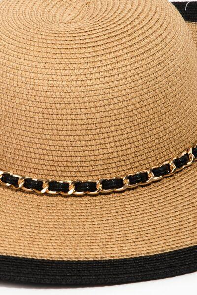 a straw hat with a chain around the brim