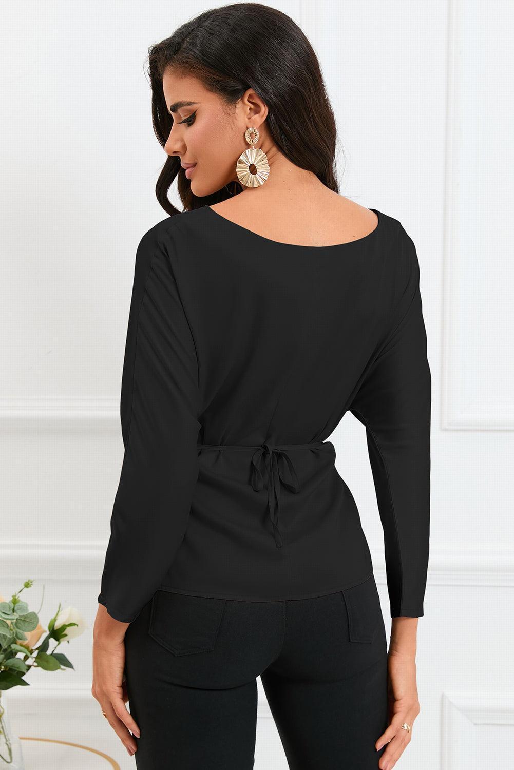 Refined Look Boat Neck Satin Long Sleeve Blouse - MXSTUDIO.COM