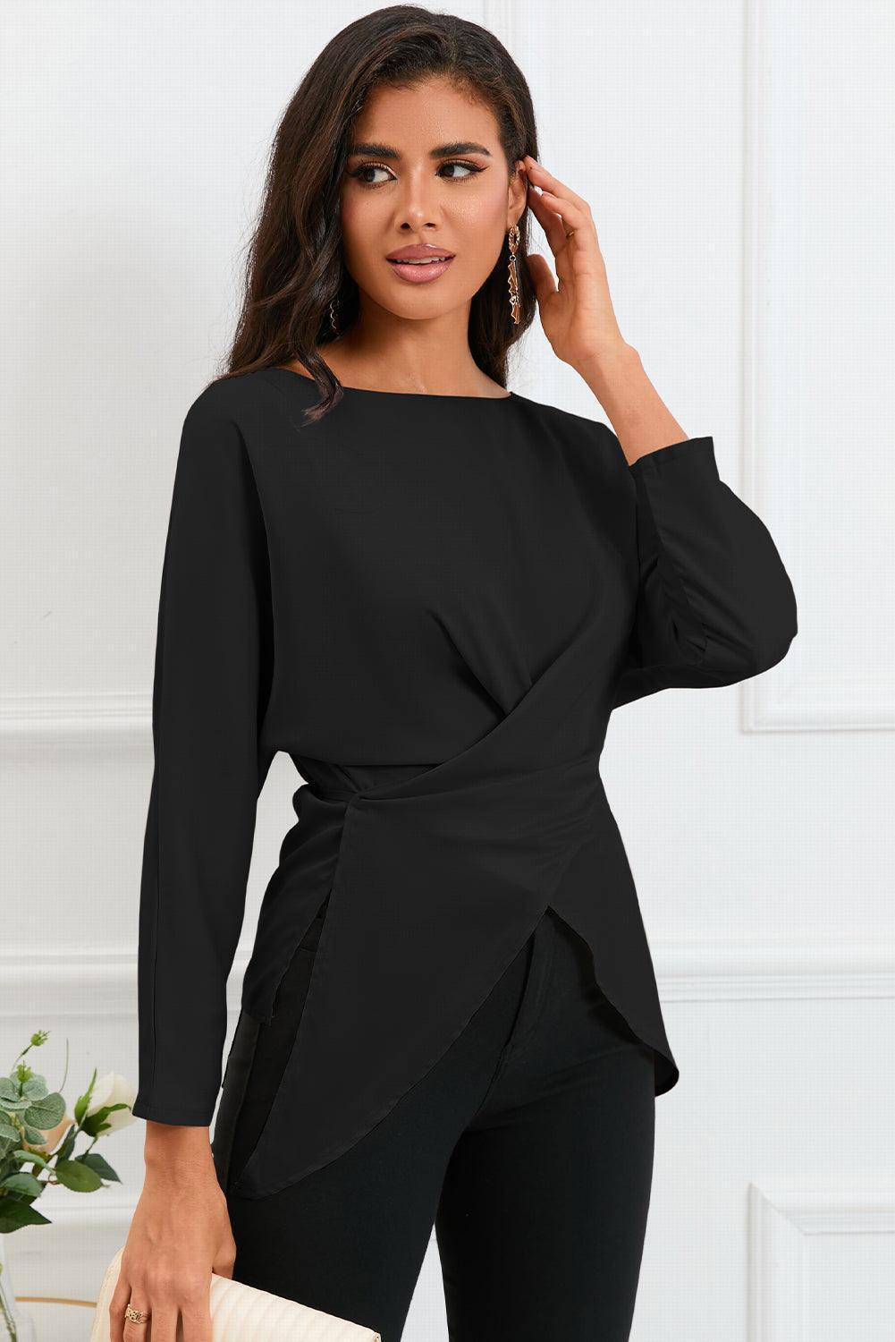 Refined Look Boat Neck Satin Long Sleeve Blouse - MXSTUDIO.COM