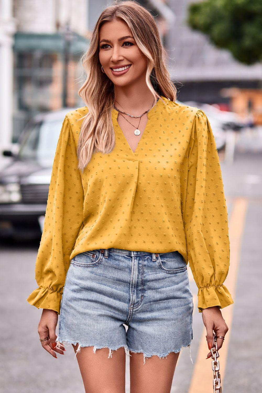 Refreshing Weekend Long Sleeve Swiss Dot Blouse - MXSTUDIO.COM