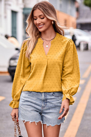 Refreshing Weekend Long Sleeve Swiss Dot Blouse - MXSTUDIO.COM
