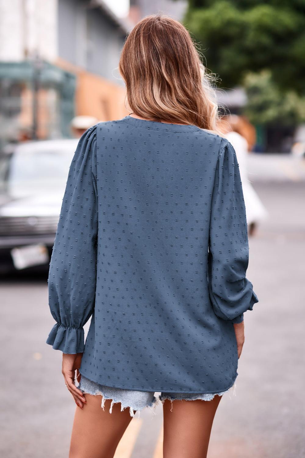 Refreshing Weekend Long Sleeve Swiss Dot Blouse - MXSTUDIO.COM