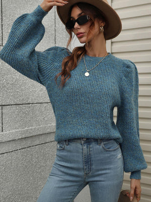 Regal Comfort Ribbed Knit Lantern Sleeve Sweater - MXSTUDIO.COM