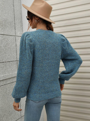 Regal Comfort Ribbed Knit Lantern Sleeve Sweater - MXSTUDIO.COM