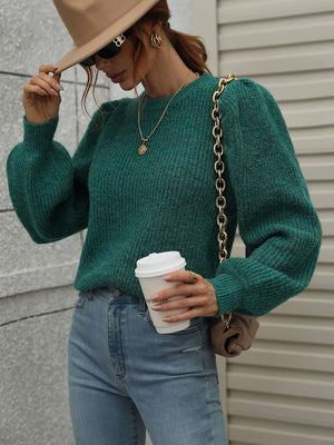 Regal Comfort Ribbed Knit Lantern Sleeve Sweater - MXSTUDIO.COM