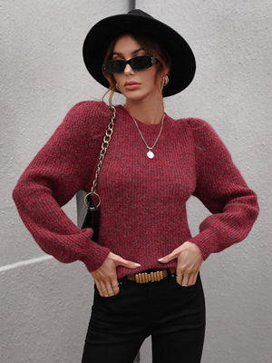 Regal Comfort Ribbed Knit Lantern Sleeve Sweater - MXSTUDIO.COM