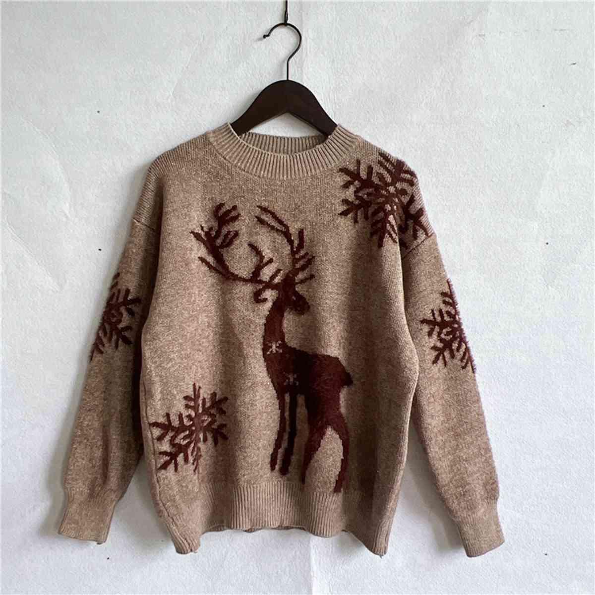 Reindeer And Snowflake Pattern Festive Sweater-MXSTUDIO.COM