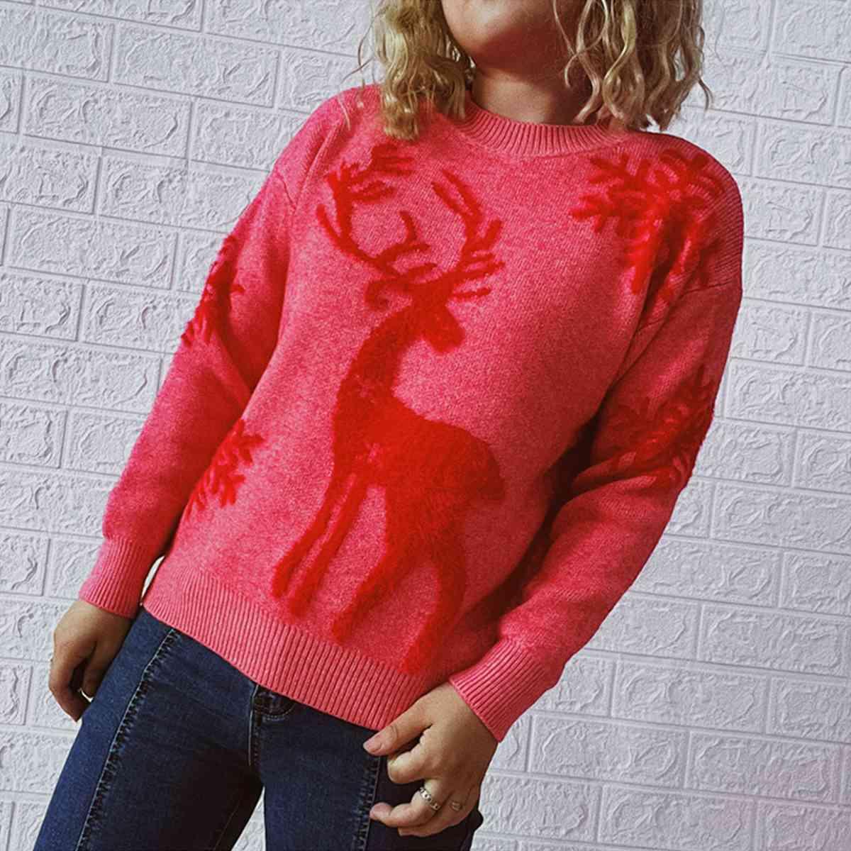 Reindeer And Snowflake Pattern Festive Sweater-MXSTUDIO.COM