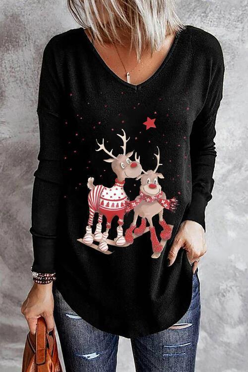 Reindeer Graphic V-Neck Black Christmas Top-MXSTUDIO.COM