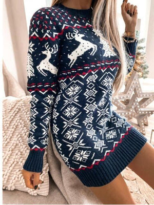 Reindeer Snowflake Christmas Tree Sweater Dress-MXSTUDIO.COM