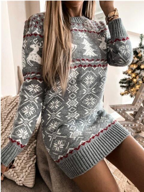 Reindeer Snowflake Christmas Tree Sweater Dress-MXSTUDIO.COM