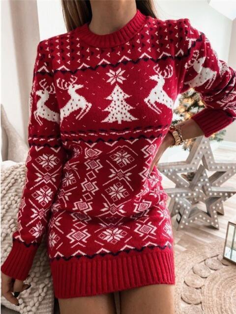 Reindeer Snowflake Christmas Tree Sweater Dress-MXSTUDIO.COM