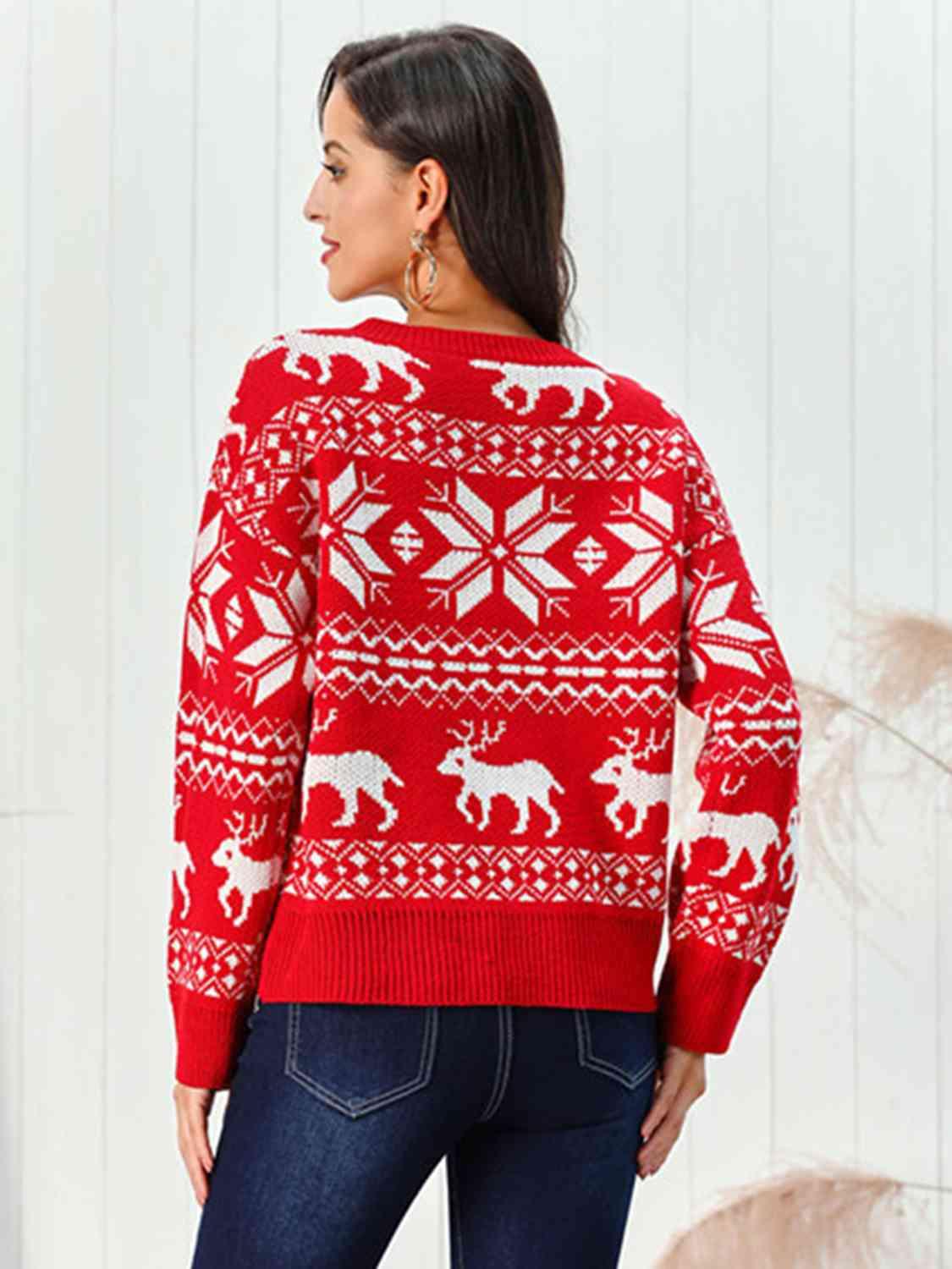 Reindeer & Snowflake Graphic Red Christmas Sweater-MXSTUDIO.COM