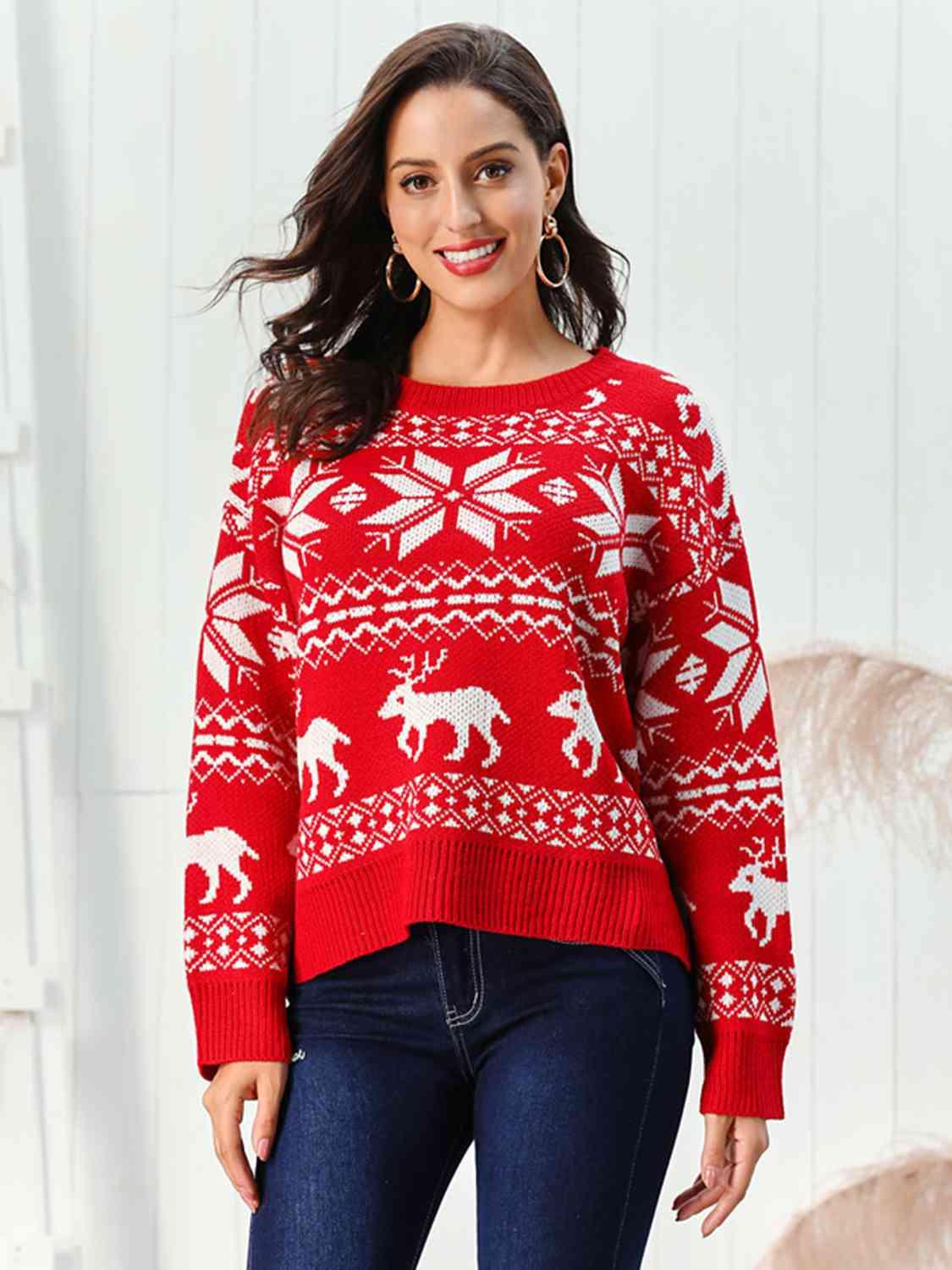 Reindeer & Snowflake Graphic Red Christmas Sweater-MXSTUDIO.COM