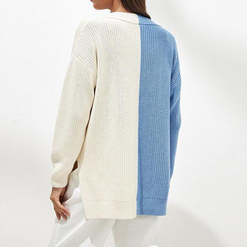 Relaxed And Comfy V-Neck Color Block Knit Sweater-MXSTUDIO.COM